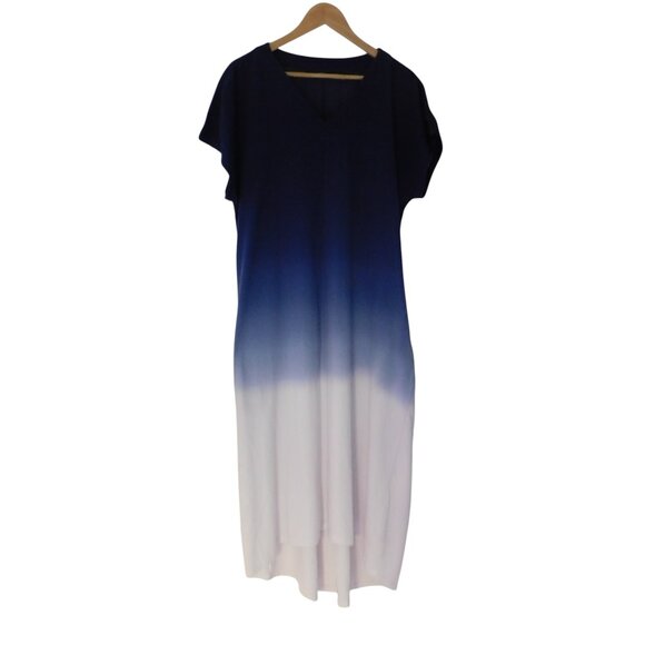 Lands' End Gauzy Cotton Ombre Maxi Dress Blue White Short Sleeves Pockets Large - Picture 6 of 6